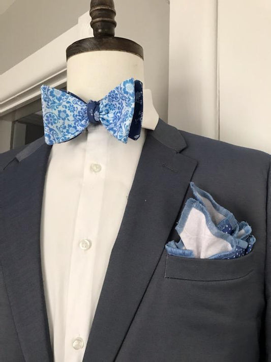 Steel blue print with baby blue print reversible bowtie set