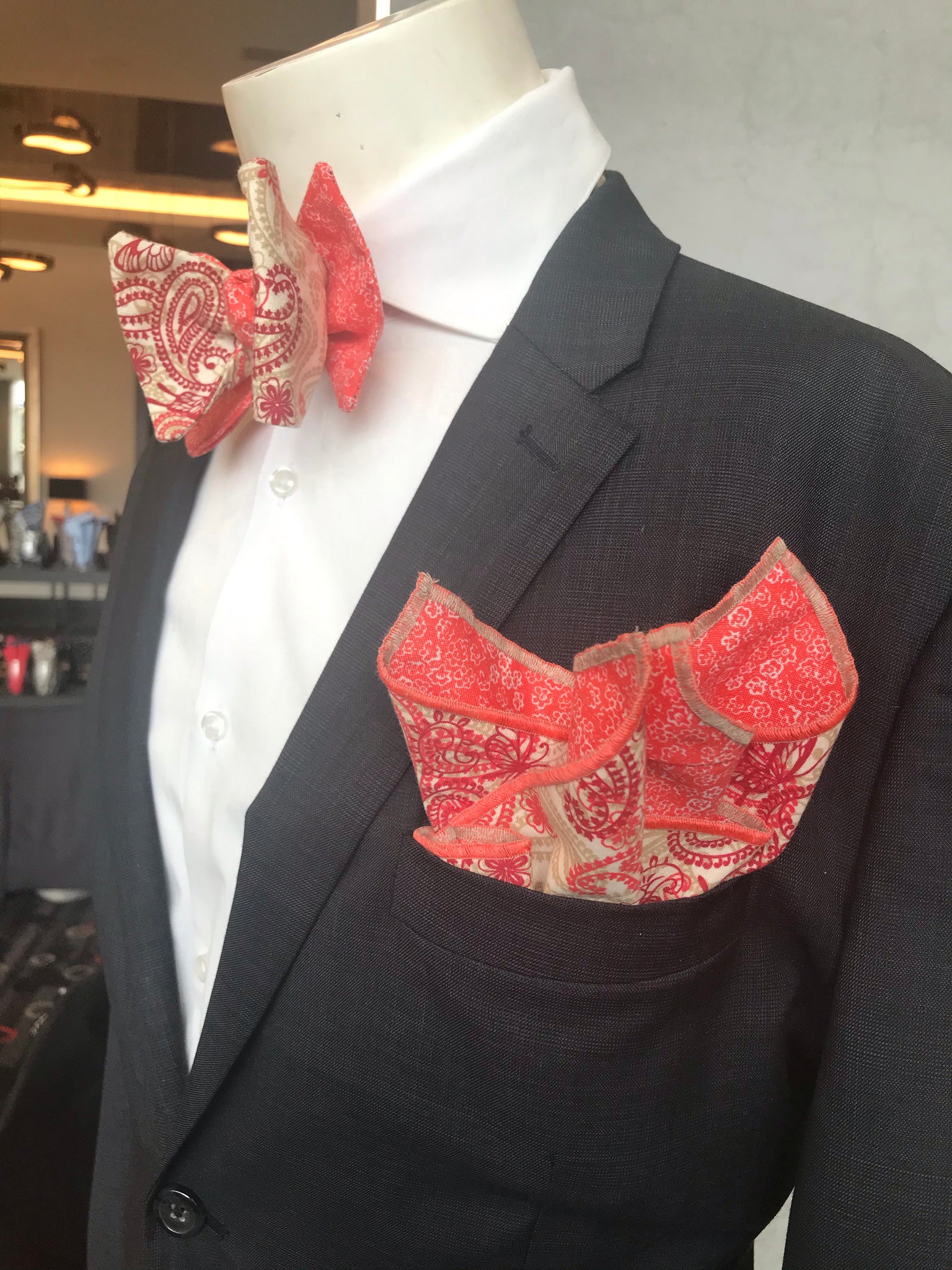 RED PAISLEY AND LT RED PRINT HANDMADE BOWTIE