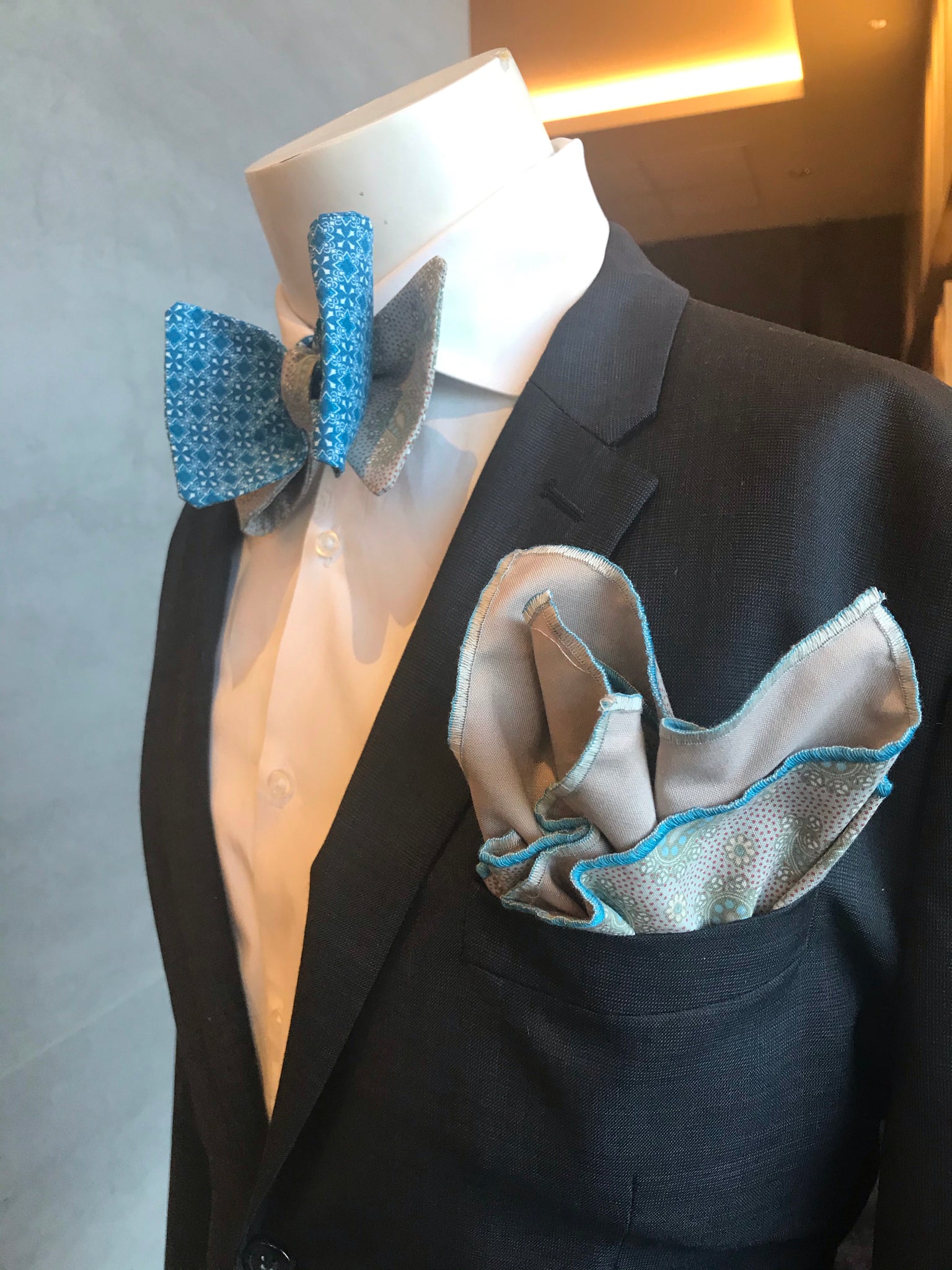 TEAL AND GREY PRINT HANDMADE BOWTIE